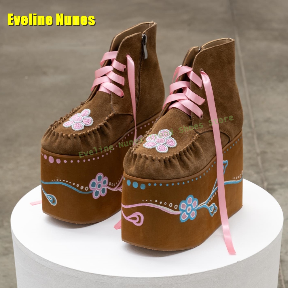 Embroidery Lace - Brown Flower Embroidery Platform Boots Round