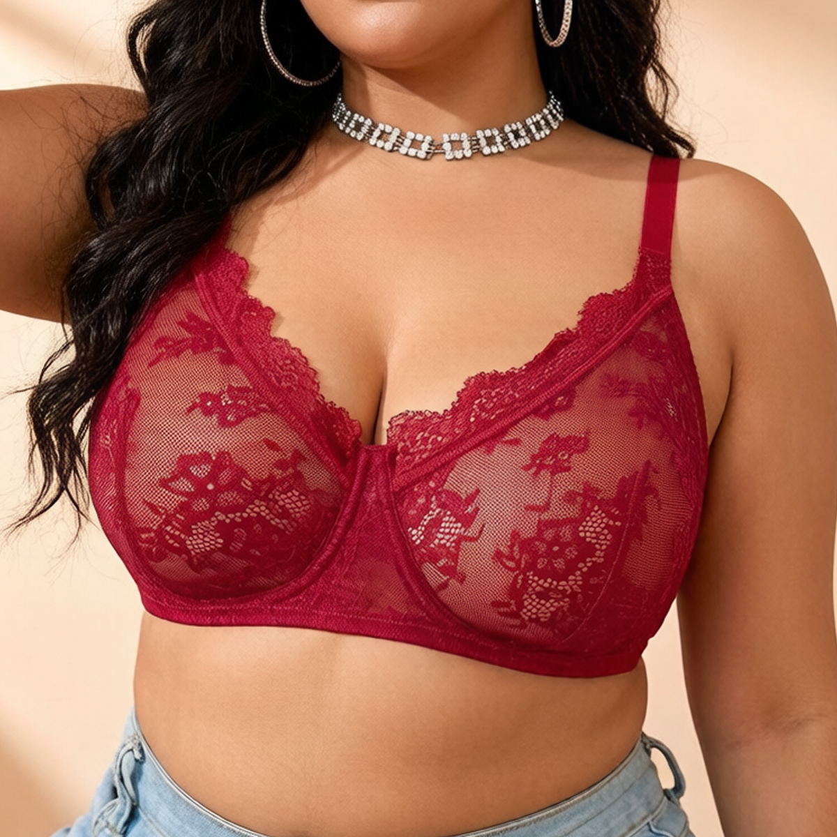Embroidery Lace - Women Plus Size Red Lace Sheer