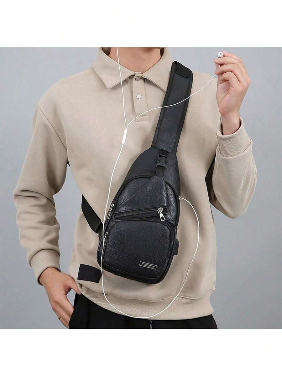 Embroidery Bag - Mens PU Leather Sling Bag With