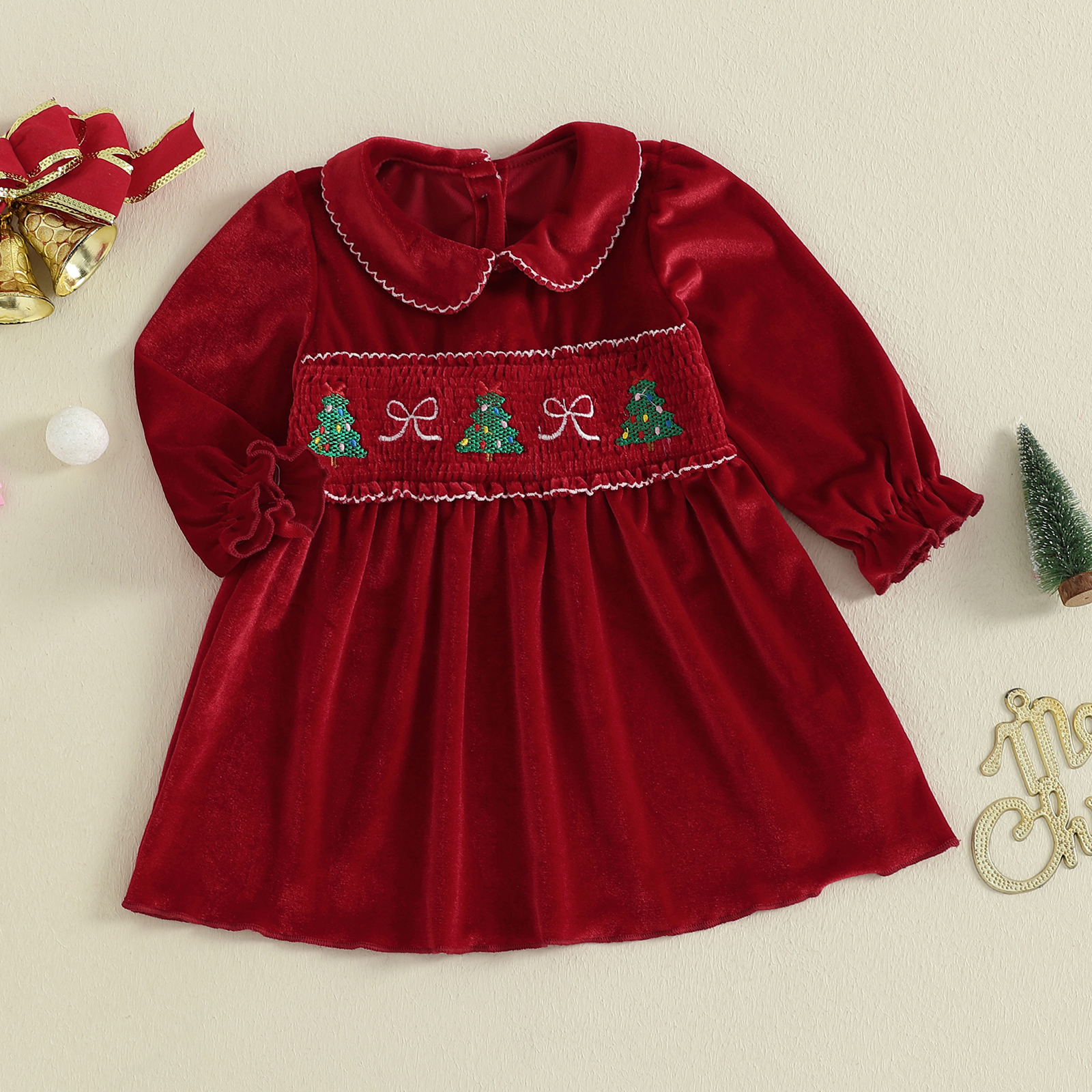 Embroidery Xmas Tree - 1-4Y Toddler Girl Christmas Velvet Dress