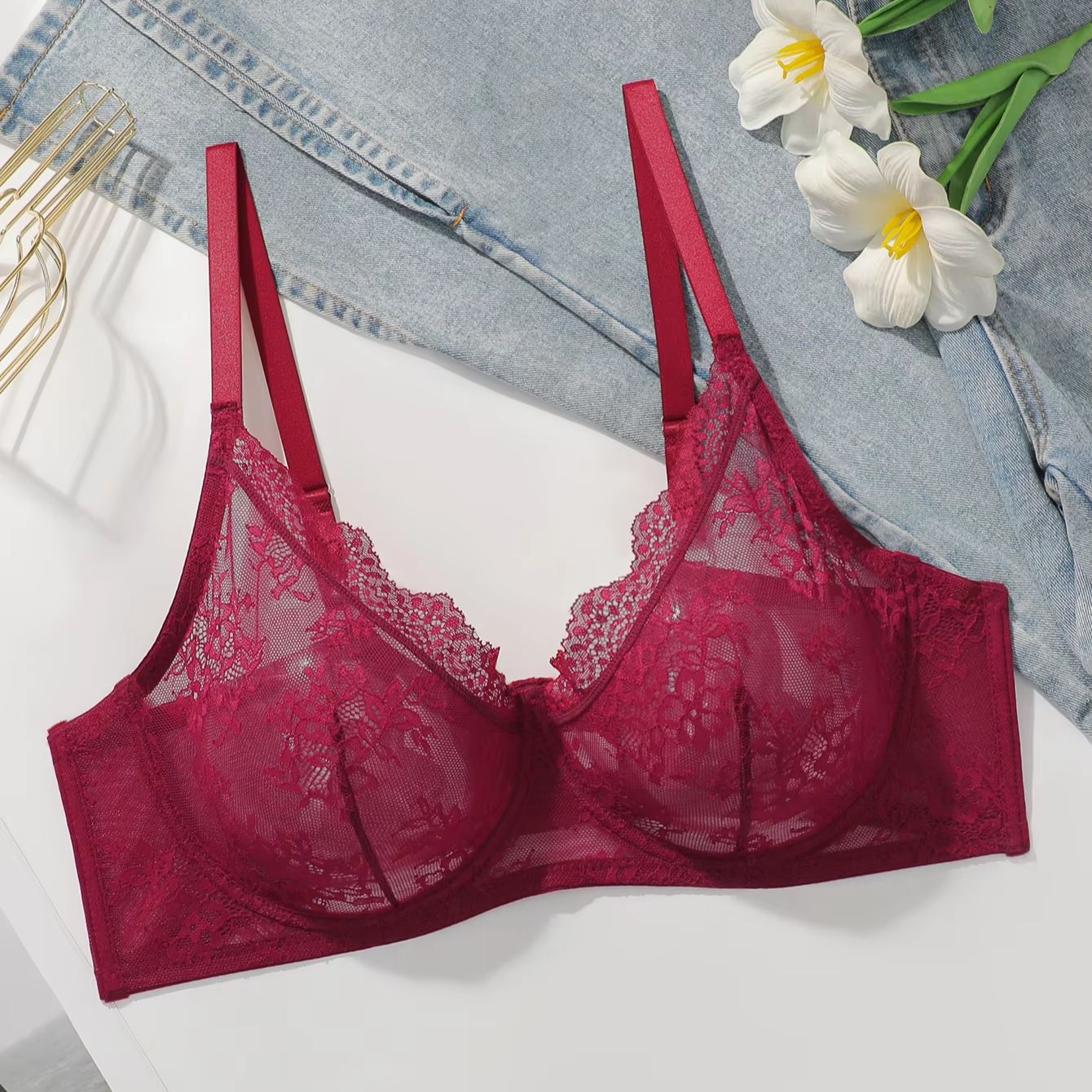 Women Plus Size Red Lace Sheer - Embroidery Lace avaliação e preço