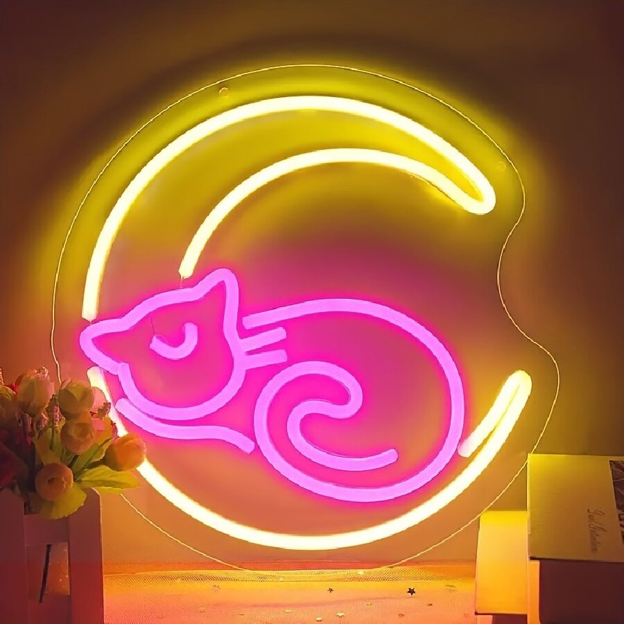 Anime Cat & Moon Neon Sign for - Embroidery Studio avaliação e preço